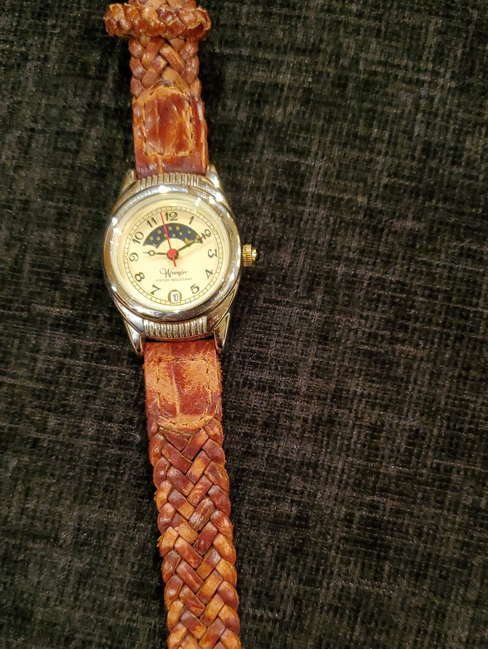 Vintage Wrangler Women's Silver Case Watch with Brown Leather Strap